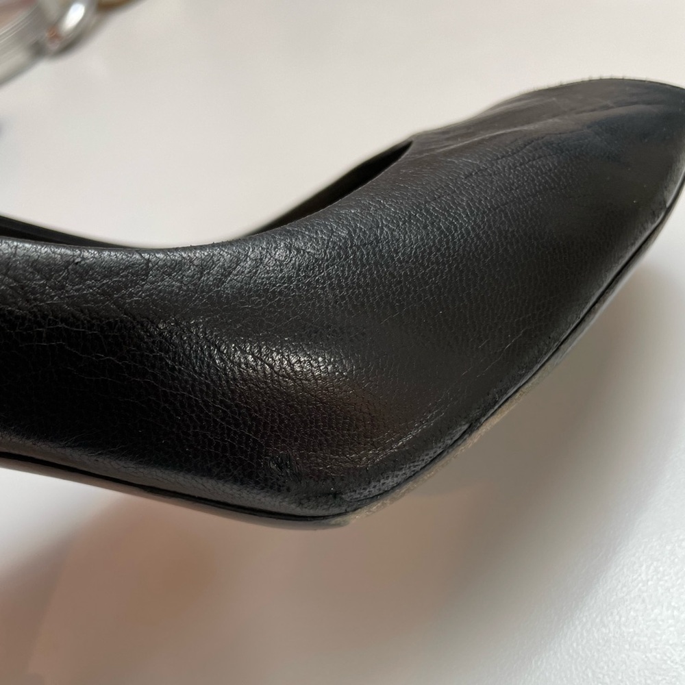 Chanel Black Leather Peep-Toe Pearl Logo Heels Size 8.5 - Picture 12 of 15